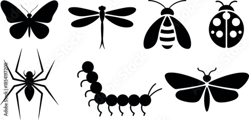 black silhouettes of various insects on white background