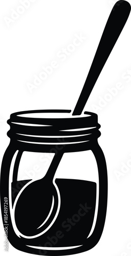 Silhouette of a glass jar with liquid and a spoon Vector Illustration