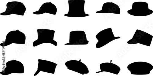 Collection of various hat silhouettes on white background