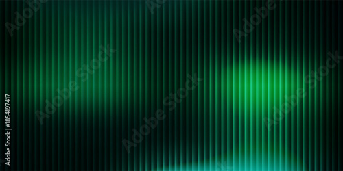Dark green ribbed glass texture with glossy vertical waves and gradient reflections in abstract background design bg.