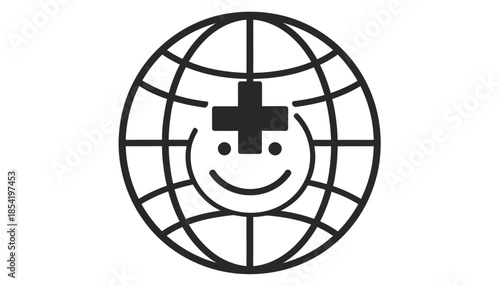 Globe with a cross and smiley face representing global health and happiness.