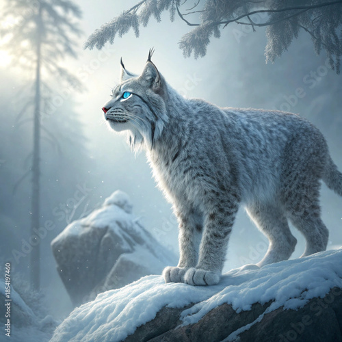 A majestic lynx with piercing blue eyes stands on a snowy rock in a misty forest landscape with pine trees and rocks