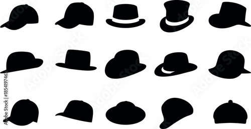 Collection of various hat silhouettes on white background