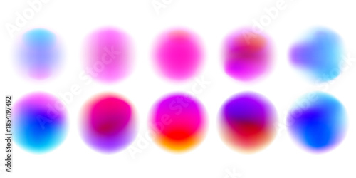 Bright colorful circle gradient set. Round blur gradation background collection. Iridescent radial blurry shape pack for poster, banner, leaflet, brochure. Vector neon fading circular aura bundle