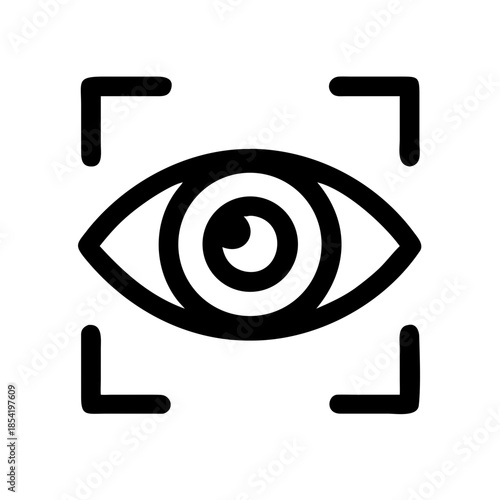 Black line icon of an eye inside focus brackets frame, symbolizing retina scan, iris recognition, biometric identification, view, visibility, surveillance, 