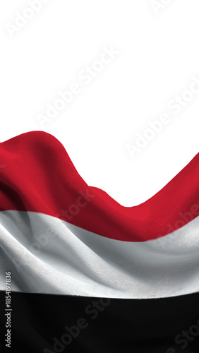 The flag of Yemen features bold horizontal stripes in red, white, and black, symbolizing the country's unity, struggle, and achievements. It stands proudly, showcasing national pride.