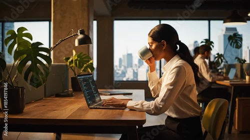 Focused female coder works on laptop sipping coffee modern office