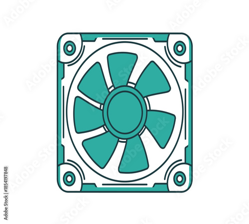 A teal line art illustration of a square computer cooling fan with rounded blades