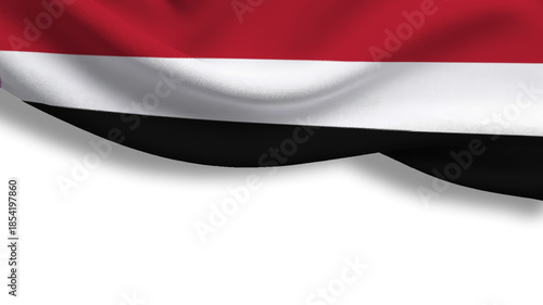 The flag of Yemen features bold horizontal stripes in red, white, and black, symbolizing the country's unity, struggle, and achievements. It stands proudly, showcasing national pride.	