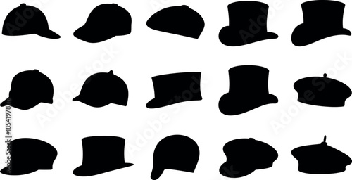 Silhouettes of various hats on white background