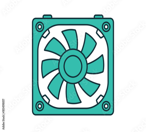 A teal colored computer cooling fan illustration with a square frame and mounting holes