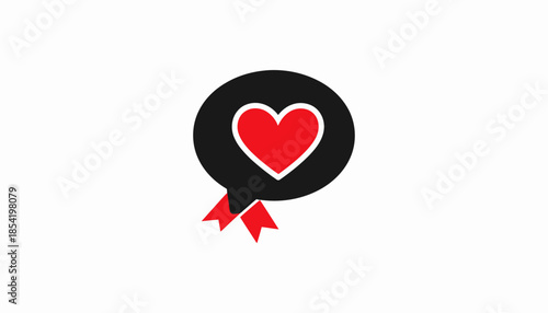 Red heart in black speech bubble with ribbon on white background.