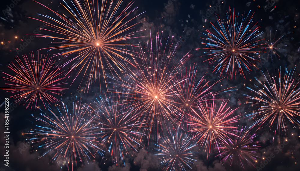 Fototapeta premium Colorful Fireworks Exploding Over City Skyline at Night