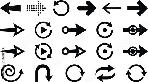 Arrow icon set, navigation direction symbols, reload refresh pointers, minimal black interface design, vector illustration