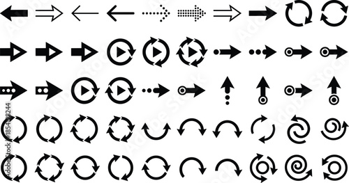 Arrow icon mega set, navigation direction symbols, refresh reload cycle arrows, user interface controls, minimal black design, vector illustration