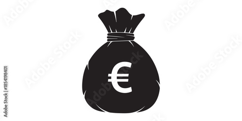 A black silhouette of a classic money bag tied with a cord and marked with a currency symbol. Vector illustration black clipart design.dollar classic money bag,Euro  classic money bag