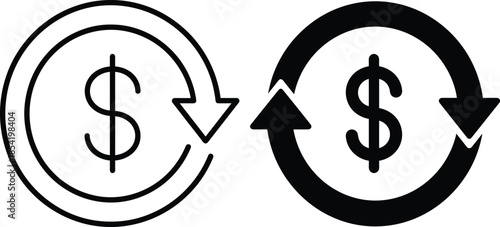 Currency exchange icons with dollar sign and circular arrows, financial transaction symbols for apps, vector illustration