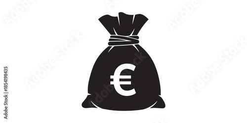 A black silhouette of a classic money bag tied with a cord and marked with a currency symbol. Vector illustration black clipart design.dollar classic money bag,Euro  classic money bag