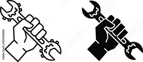 Fist holding wrench icons in black and white, mechanical labor and industry symbols for repair, vector illustration