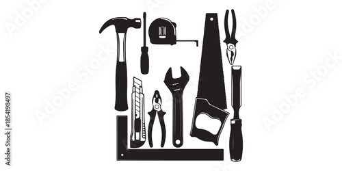 Collection of black and white carpentry tools isolated on white background in a vector format., Black silhouette of various hand tools arranged on a white background for construction work