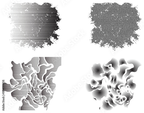 Abstract black and white vector shapes with ink splashes forming a creative world map and geography themed illustration icon set