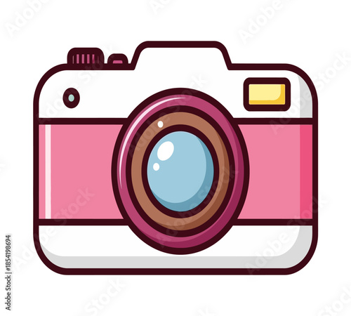 A charming stylized illustration of a pink and white vintage camera with a large lens
