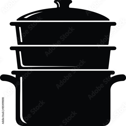 Silhouette stacked cooking pots with lid vector illustration