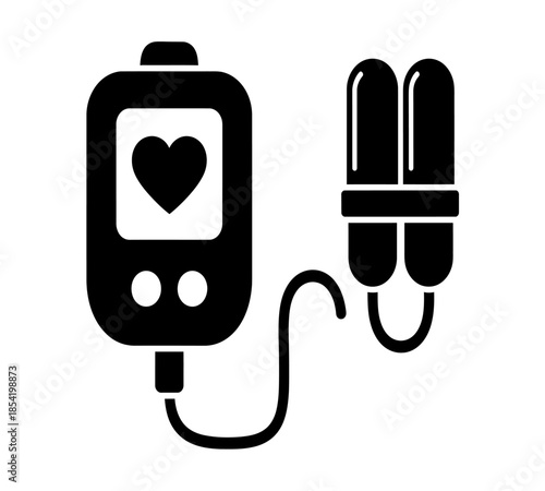 A black and white illustration of an insulin pump connected to an infusion set