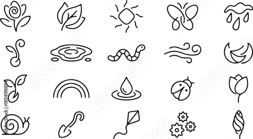 A collection of outline icons representing nature and spring elements Vector