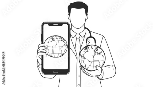 Doctor holding globe and tablet with globe image, representing global healthcare and telemedicine.