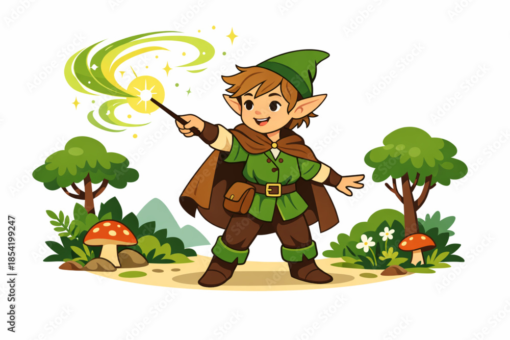 Fototapeta premium Flat illustration of young elf casting magic spell in forest, whimsical style