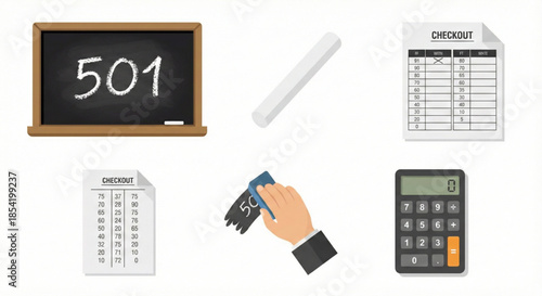 Educational and financial tools in a flat design illustration set chalkboard, chalk, calculator, and checkout sheets