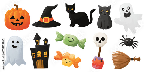 A delightful assortment of Halloween-themed icons, featuring a jack-o-lantern, witch's hat, black cats, ghosts, haunted house, candy, skull, spider, and more, all designed with a playful and festive s