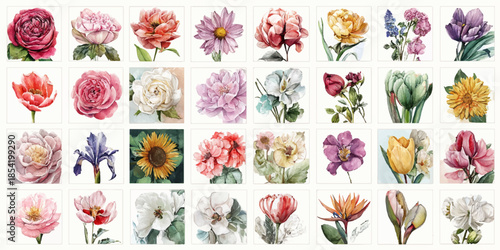  The collection includes various types of flowers such as roses, peonies, daisies, tulips, and many more, arranged in a grid format.