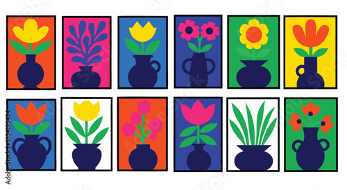 Vibrant floral art with colorful flowers in decorative vases