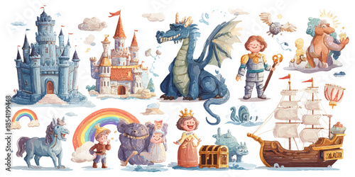 Fantastical adventure scene featuring castles, dragons, knights, and pirates