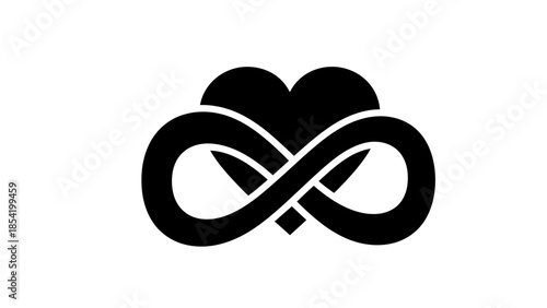 Black heart and infinity symbol intertwined on a white background, representing eternal love and connection.