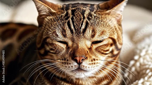 Blinking slowly, a content cat stares directly into the camera with piercing green eyes