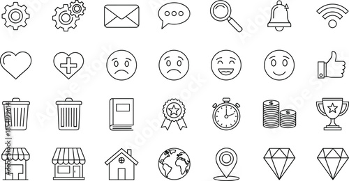 Comprehensive Business Icon Set Featuring Financial Growth Graphs, Achievement Awards, User Interface Tools, Management Strategy Symbols, Data Analytics, and Professional Success