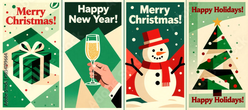 Set of festives vertical vintage style posters in green. Winter titles ‘Merry Christmas!’, 'Happy New year!' 'Happy holidays!'