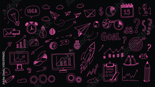 hand-drawn business doodle concepts illustrating financial growth and strategy success, including charts, ideas, planning symbols, teamwork elements, and creative sketch style vector illustrations.