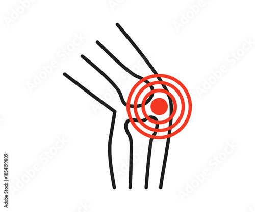 Knee pain with ache located on joint line icon. Concept of injury, arthritis, and medical treatment. Pain in knee icon for healthcare presentation. Vector illustration