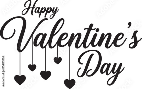 Stylish Happy Valentines Day calligraphy featuring several hearts suspended from the elegant script lettering