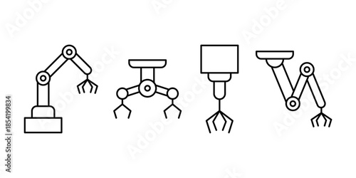 Robotic arm icon set featuring various industrial gripper manipulator designs or medical robotic equipment. Automation technology concept for manufacturing and medicine. Vector illustration
