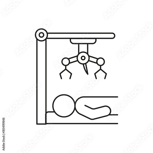 Robot arm performing surgery on a patient lying on an operating table. Concept of robotic surgery, automation in medicine, and future healthcare technology. Vector line illustration