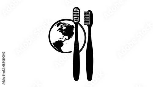Two toothbrushes with globe icon representing eco-friendly dental care.