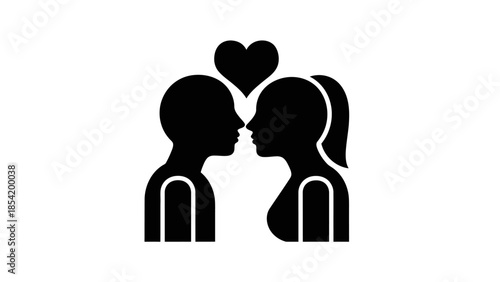 Black and white vector illustration of a couple in love with a heart above them, symbolizing romance and affection.