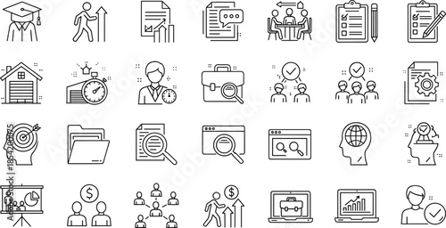 Business Management Icon Set Featuring Career Growth, Team Collaboration, Project Analysis, Human Resources, Financial Planning, Education, Strategy, and Corporate Leadership Symbols