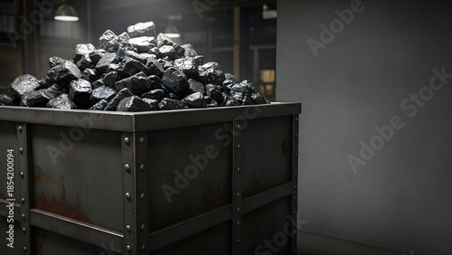 Industrial container filled with coal in a warehouse setting  