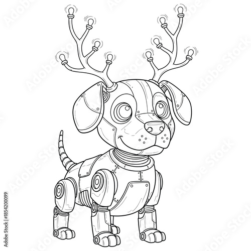 Cute Robotic Puppy with Glowing Antler Lights – Futuristic Mechanical Dog Line Art Illustration for Coloring, Technology, and Sci-Fi Themes